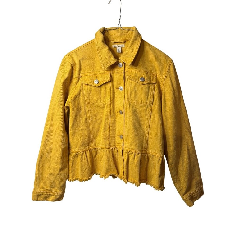MIAMI Denim Jacket Women Medium Yellow Mustard Peplum Hem Distressed Jean Trendy